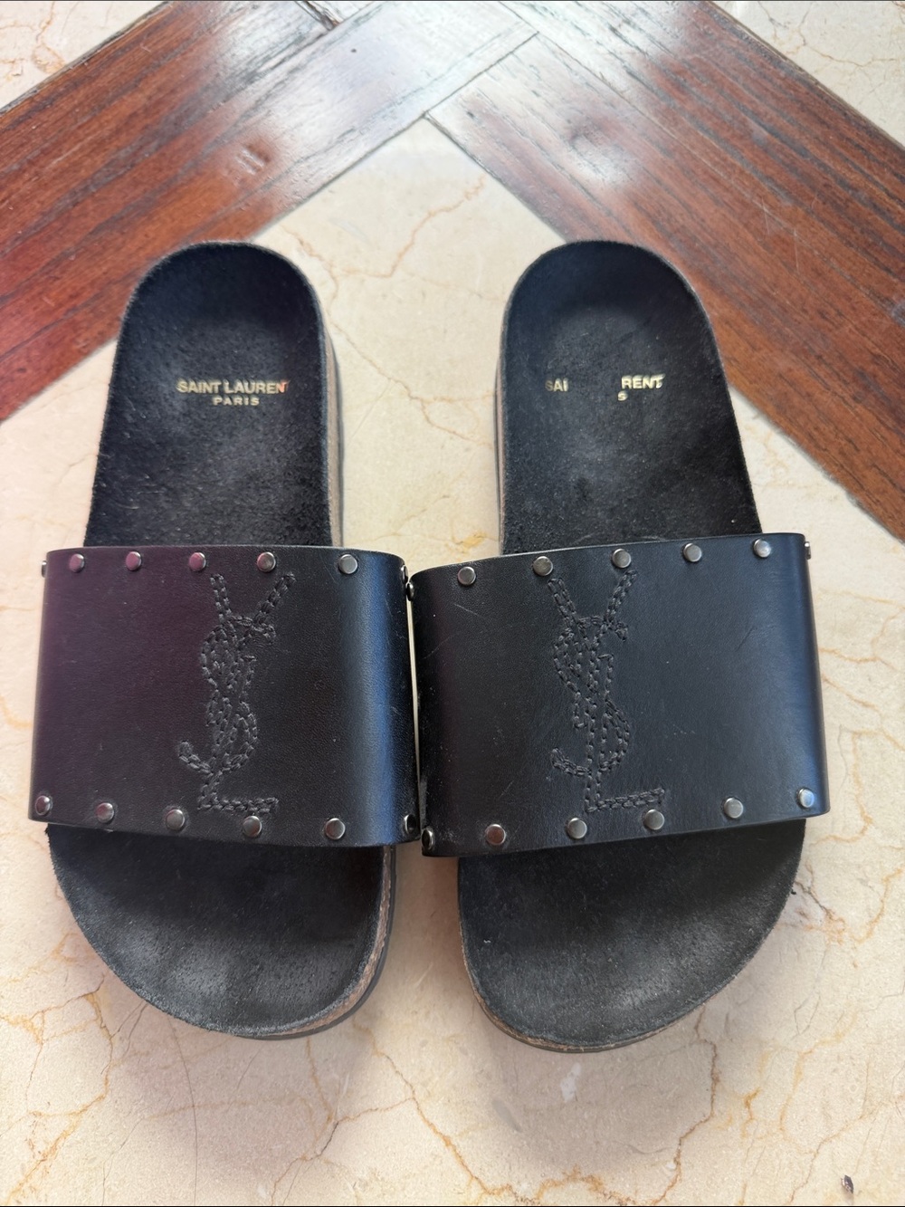 Saint Laurent Black Leather Studded YSL Logo Slide Sandals - Men